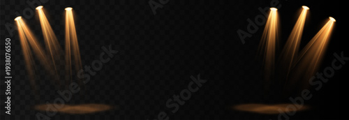 Yellow light source illuminates the stage or studio. Light source PNG. Stage lighting. Light effect.