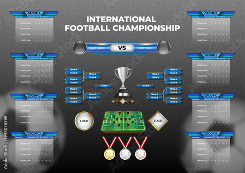 Soccer championship broadcast background with soccer group table, trophy and medals