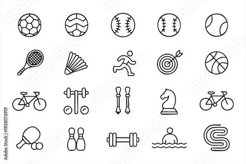 Minimal line art sports icons with balls, gym and exercise symbols