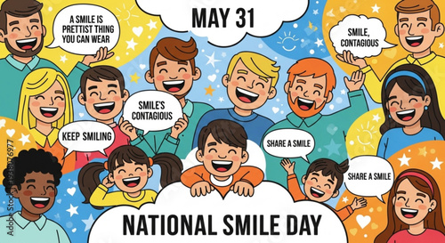 Diverse group of happy people smiling on national smile day with colorful background and motivational speech bubbles