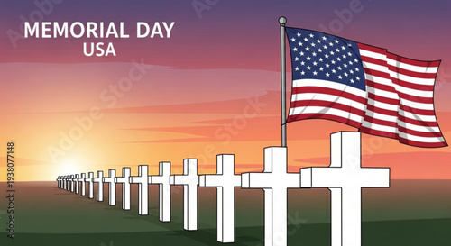 Memorial day usa american flag waving above white crosses at sunset honoring fallen soldiers