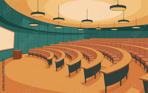 Isometric vector of a vacant lecture hall with curved wooden seats, pendant lights, polished floor, in muted warm and teal mid-century modern tones.