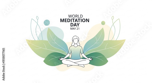 Serene woman meditates cross legged on lotus leaves for world meditation day may 21st in calming green hues