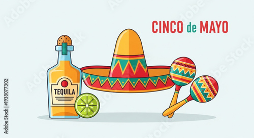 Cinco de mayo celebration with tequila sombrero and maracas on light background