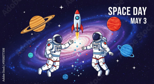 Astronauts in space suits floating near rocket ship on space day may 3rd with planets