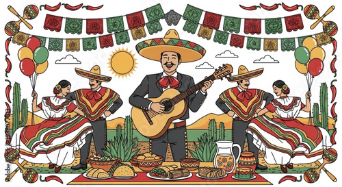 Mariachi band performing at a vibrant mexican fiesta with sombreros and guitars outdoors