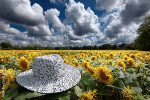 Sunhat resting among vibrant sunflowers on a sunny day with dramatic clouds above