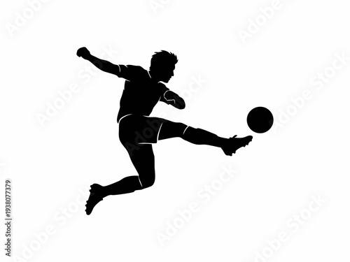 Soccer Player Silhouette Kicking Ball In Mid-Air Isolated On White Background