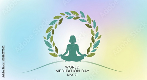 Meditating woman in green silhouette sits cross legged in lotus position surrounded by leafy wreath on world meditation day background