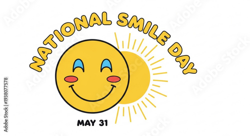 Smiling yellow emoticon face on national smile day may 31 with sun rays on white background
