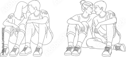 Line drawing of two couples sitting on the floor looking at each other romantically