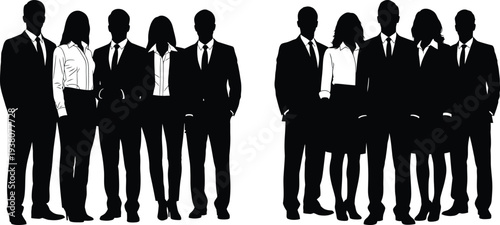 Silhouette of business people standing in two groups on white background