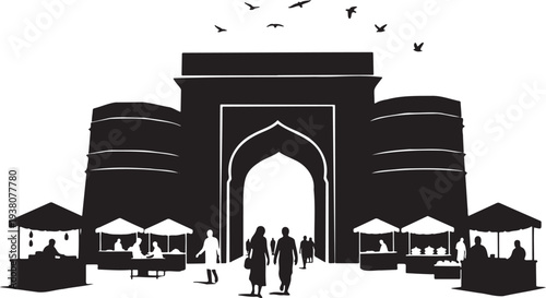 Silhouetted gateway arch and fortified walls of an ancient indian fort with bustling marketplace stalls and people walking through under a sky with flying birds creating a lively historical ambiance