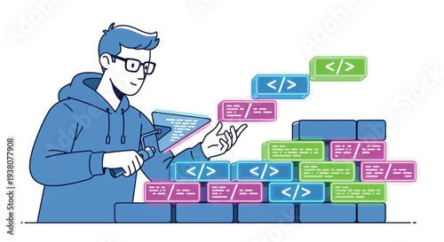 A male programmer building digital wall with coding blocks and programming languages