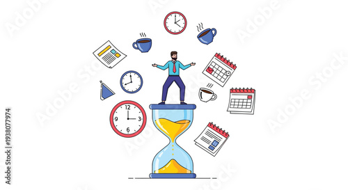 Businessman juggling tasks appointments coffee and time on hourglass symbolizing multitasking and deadline management