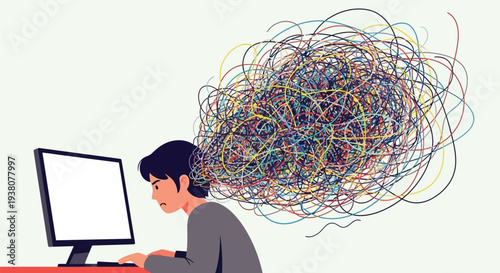 Person feeling overwhelmed by chaotic thoughts in head while working on computer computer screen blank