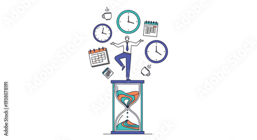 Man balancing on hourglass surrounded by clocks and calendars showing time management