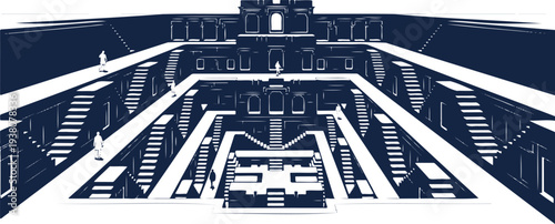 Symmetrical architectural illustration of a stepped well with geometric patterns and pathways featuring small human figures walking on illuminated ledges under dramatic dark blue and white contrast