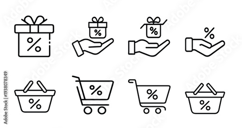Gift discount and shopping basket outline icon set featuring percentage hand, surprise box offer, retail cart promotion, loyalty reward label more vector illustration or editable stroke.