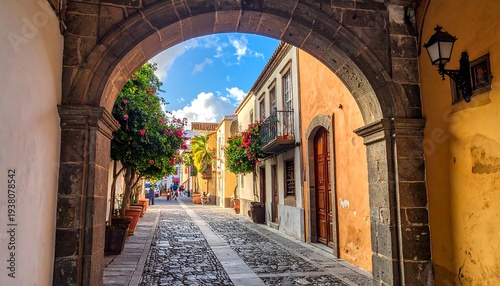 Stone arch frames a sunlit, narrow street with colorful buildings and potted plants under a partly cloudy blue sky
