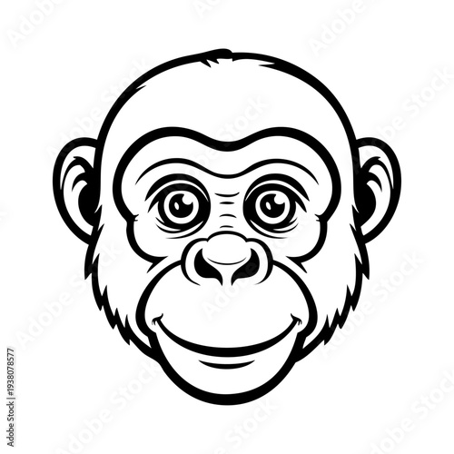 Dibujo sencillo con líneas de la cabeza de un simio alegre visto de frente 