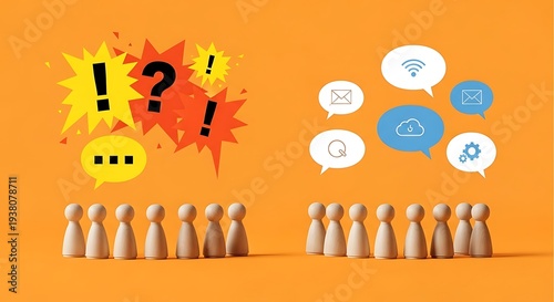 A divided group of wooden figurines facing opposite directions with conflicting ideas and thoughts represented by various speech bubbles and exclamation marks