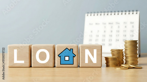 Wallpaper Mural Loan Concept: Wooden Blocks Spell 'LOAN' with House Icon, Coins, and Calendar Torontodigital.ca