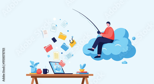 Cyber phishing concept with man fishing for data from cloud into laptop internet scam