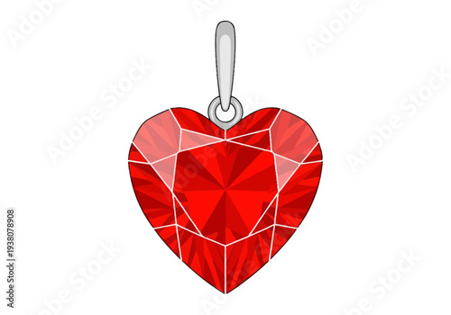 A vibrant red heart-shaped gemstone pendant suspended from a metal loop, showcasing intricate facets and reflections