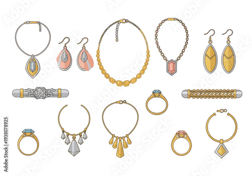 Collection of assorted jewelry items including necklaces, earrings, and rings displayed together on a plain background from a straightforward viewpoint