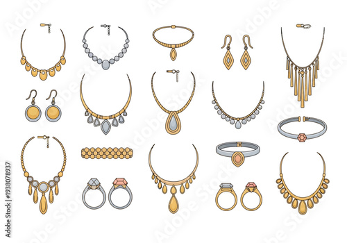 A collection of various jewelry items including necklaces, earrings, and rings displayed on a clean background from a straightforward viewpoint.
