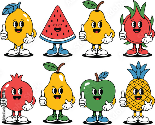 A delightful assortment of retro cartoon fruit characters featuring happy faces and thumbs up gestures