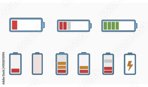 Colorful battery level indicator outline icons vector set