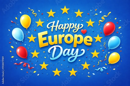 Happy europe day with colorful balloons and confetti on blue background