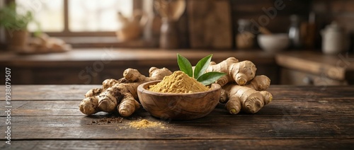 Exploring the health benefits of ginger root and powder rustic kitchen food photography natural setting close-up wellness and nutrition insights