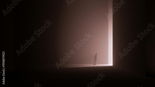 Vászonkép Haunting minimalist silhouette of a man walking into a bright open doorway, symbolizing transition, hope, or the journey into the afterlife