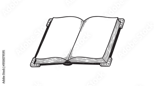 Book open with blank pages and corner protectors, hand drawn style illustration on white background featuring writing, reading, learning with