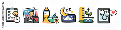 Baby care icons showing health, growth, feeding, sleep, and medical checkups