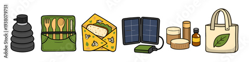 Sustainable living essentials including reusable items for travel and daily use