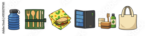 Collection of eco-friendly reusable items for sustainable living and travel