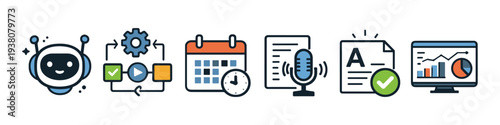 Set of icons representing automation, workflow, scheduling, voice recognition, and data analysis