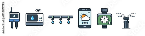 Smart irrigation system icons showing sensors, controllers, and sprinklers for efficient watering