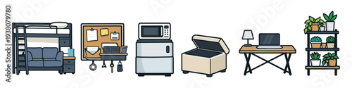 Collection of dorm room furniture and accessories for small living spaces