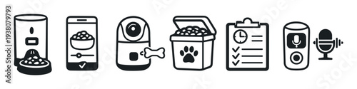 Smart pet care technology icons: automatic feeder, app, camera, food storage, checklist, voice assistant