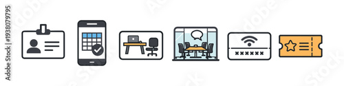Collection of icons representing business and office life, including ID, calendar, workspace, meeting room, Wi-Fi, and ticket