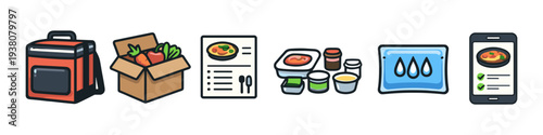 Food delivery service icons showing meal preparation, packaging, and online ordering