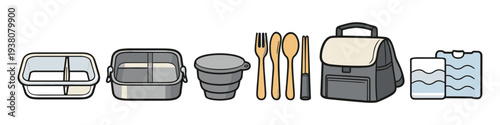 Collection of lunchbox essentials including containers, cutlery, bag, and ice packs