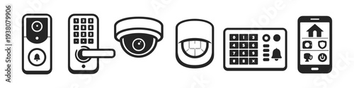 Smart home security system icons including doorbell, keypad, camera, and smartphone app