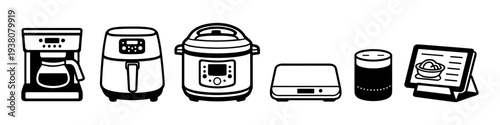 Collection of modern kitchen appliances and gadgets for cooking and food preparation
