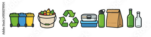 Collection of recycling and waste management icons including bins, compost, and reusable containers